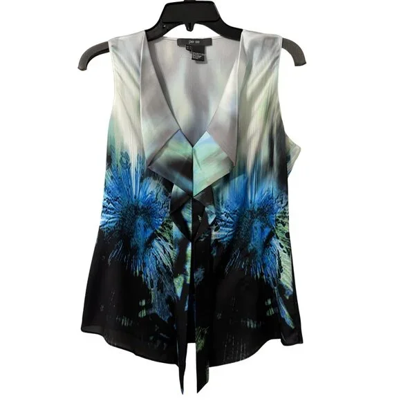 Per Se Sleeveless Top Size 4 Blue Black Green Abstract Print blouse - Picture 3 of 12